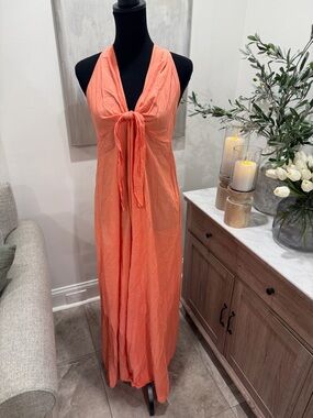 J. Crew Coral Tie-Front Halter Coral Pink Cotton Maxi Dress
